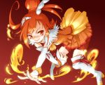  bike_shorts boots cpro cure_sunny dress fire hair_bun hino_akane magical_girl orange_(color) orange_dress orange_eyes orange_hair precure red_background short_hair shorts_under_skirt skirt smile smile_precure! solo thigh-highs thigh_boots thighhighs white_legwear 