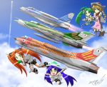  4girls afterburner ahoge airplane alternate_hair_color artist_name blonde_hair blue_hair braid clenched_hands cloud clouds condensation_trail drop_tank eating english_electric_lightning f-16 f-35 f-8_crusader flying food glint green\haairplane green_eyes green_hair hair_ornament helmet huge_ahoge jet kabuto kashiwa_mochi kashiwa_mochi_(food) koinobori long_hair mecha_musume mig-21 military mochi mouth_hold multiple_girls open_mouth origami original outstretched_arms personification pleated_skirt red_hair redhead school_uniform serafuku signature skirt sky spread_arms thighhighs twintails wagashi watermark zephyr164 