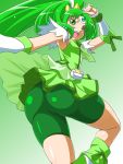  1girl arm_up armpits ass bike_shorts cure_march dress green green_background green_bike_shorts green_dress green_eyes green_hair long_hair looking_back magical_girl midorikawa_nao ponytail precure r44 shoes shorts_under_skirt skirt smile smile_precure! solo tri_tails very_long_hair 