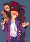  2boys book by_esc caster_(fate/zero) fate/zero fate_(series) jacket knife multiple_boys orange_hair purple_jacket uryuu_ryuunosuke 