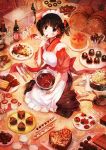  apron barrel black_eyes black_hair blush bottle cake chocolate chocolate_heart finger_licking food hair_bobbles hair_ornament heart highres holding licking looking_at_viewer maid maid_headdress momiji_mao original sitting slice_of_cake solo twintails 