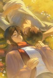  1boy 1girl black_hair brown_hair cardigan closed_eyes eren_yeager grass hair_between_eyes highres long_hair long_sleeves lying mikasa_ackerman on_back open_cardigan open_clothes outdoors parted_lips pink_cardigan red_scarf scar scar_on_cheek scar_on_face scarf shingeki_no_kyojin shirt short_hair upper_body upside-down white_shirt yun_(dl2n5c7kbh8ihcx) 