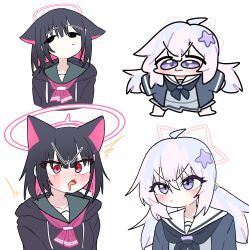  2girls absurdres ahoge animal_ears beads black_hair black_hoodie black_jacket black_neckerchief blue_archive blue_hair blush cat_ears chibi colored_inner_hair commentary_request ggeuwek green_sailor_collar grey_serafuku hair_beads hair_ornament halo highres hood hooded_jacket hoodie jacket kazusa_(blue_archive) long_hair multicolored_hair multiple_girls neckerchief pink_hair pink_halo purple_hair red_eyes reisa_(blue_archive) sailor_collar school_uniform serafuku short_hair simple_background star_(symbol) star_hair_ornament twintails violet_eyes white_background white_sailor_collar 