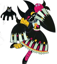  1girl animal_ears asymmetrical_legwear bell black_dress black_eyes black_hair black_skin bow bowtie cat_ears cat_girl colored_sclera colored_skin deltarune dress friend_(deltarune) full_body hair_bell hair_ornament hand_up heterochromia highres jojomama38 mismatched_legwear mismatched_socks neck_bell open_mouth personification pink_sclera pink_socks reference_inset sharp_teeth simple_background sleeves_past_fingers sleeves_past_wrists slit_pupils smile socks solo striped_clothes striped_socks teeth utdr_(toby_fox) white_background white_bow white_bowtie wide_sleeves yellow_sclera yellow_socks 