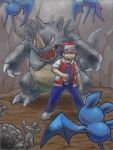  1boy baseball_cap black_hair boy cave fukuramu geodude graveler hat holding holding_poke_ball poke_ball pokemon pokemon_(creature) pokemon_(game) pokemon_rgby red_(pokemon) red_(pokemon)_(classic) rhydon rhyhorn smile tegaki zubat 