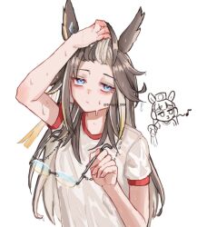  2girls ahoge animal_ears arm_up blue_eyes blunt_bangs brown_hair dream_journey_(umamusume) eyewear_strap glasses gold_ship_(umamusume) gym_shirt hair_between_eyes hand_on_own_head holding holding_removed_eyewear horse_ears horse_girl long_hair multicolored_hair multiple_girls musical_note pillbox_hat puckered_lips shirt short_sleeves solo_focus songdu streaked_hair sweat tracen_training_uniform umamusume unworn_eyewear whistling white_hair white_shirt 