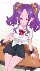  1girl absurdres alternate_breast_size_(larger) belt belt_buckle black_skirt breast_pocket breasts buckle closed_mouth collared_shirt commentary_request desk fate/grand_order fate_(series) forehead highres long_sidelocks looking_at_viewer neck_ribbon niwaikanai on_desk pleated_skirt pocket purple_hair ribbon school_desk scrunchie shirt short_sleeves sidelocks sitting skirt smile solo tile_floor tiles twintails violet_eyes white_background white_shirt wrist_scrunchie wu_zetian_(fate) yellow_scrunchie 