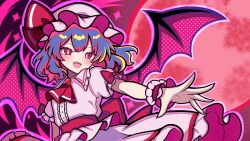  1girl absurdres alternate_hair_color ascot back_bow bat_wings blue_hair blush bow brooch collared_shirt commentary_request frilled_shirt_collar frilled_wrist_cuffs frills full_moon hair_between_eyes hat hat_ribbon highres jewelry kukurukurukuru looking_at_viewer medium_hair mob_cap moon multicolored_hair open_mouth pink_hair pink_hat pink_shirt pink_skirt puffy_short_sleeves puffy_sleeves red_ascot red_bow red_eyes red_wrist_cuffs remilia_scarlet ribbon shirt short_sleeves skirt skirt_set sleeve_bow smile solo touhou two-tone_hair wings wrist_cuffs 