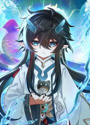  1boy alternate_costume aqua_eyes bishounen black_hair blue_eyes child chinese_clothes dan_heng_(honkai:_star_rail) dan_heng_(imbibitor_lunae)_(honkai:_star_rail) dragon_horns earrings eastern_dragon_horns eyeshadow greyscale highres honkai:_star_rail honkai_(series) horns jade_(gemstone) jewelry long_hair long_sleeves looking_at_viewer makeup male_focus momo_hubei monochrome multicolored_hair pale_skin pointy_ears red_eyeshadow red_hair single_earring solo streaked_hair water wide_sleeves yin_yang 