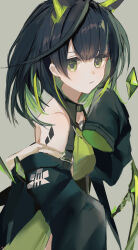  1girl ahoge animal_ears arknights bare_shoulders bartender black_hair black_jacket cat_ears closed_mouth crystal crystal_horns dress green_dress green_eyes green_hair green_streaks highres horns huge_ahoge jacket long_hair long_sleeves looking_at_viewer material_growth mochiyuka mon3tr_(arknights) multicolored_hair off_shoulder oripathy_lesion_(arknights) short_hair simple_background single_sleeve_past_fingers sleeveless sleeveless_dress solo star_of_life streaked_hair upper_body 