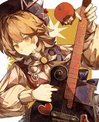  1girl 30000000000 absurdres apple apple_(reverse:1999) black_hat black_vest border bow bowtie brown_hair chinese_commentary commentary_request fake_facial_hair fake_mustache food fruit guitar hat highres holding holding_guitar holding_instrument holding_plectrum instrument official_alternate_costume orange_eyes outside_border plectrum regulus_(reverse:1999) reverse:1999 shirt short_hair solo traditional_bowtie upper_body vest white_border white_bow white_bowtie white_shirt yellow_background 