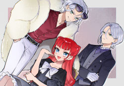  1girl 2boys atami_nana atami_sango black_dress black_jacket blue_eyes bow brother_and_sister butler coat collared_shirt commentary dress dress_bow dress_shirt dutch_angle eyewear_on_head fur_coat gloves green_eyes grey_hair grey_pants grey_vest grin hand_on_own_arm hand_up jacket koriyama_ryousuke long_hair looking_at_viewer multiple_boys onegai_aipri open_clothes open_coat open_jacket open_mouth oshiri_(o4ritarou) pants parted_bangs pretty_series red_hair red_shirt shirt short_hair siblings smile sunglasses untranslatable_commentary vest white_bow white_coat white_gloves white_shirt 