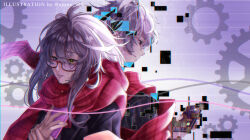  1boy 1girl ayane_sakura_(ayane_939) back-to-back backlighting black_jacket blazer blue_eyes cellphone digital_dissolve eyelashes floating_scarf gears glitch heterochromia highres holding holding_own_wrist holding_phone jacket long_hair looking_at_phone original phone red_eyes red_ribbon red_scarf ribbon scarf school_uniform smartphone thread twitter_username upper_body white_hair yellow_eyes 