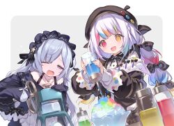  2girls :d bare_shoulders beret black_hat black_jacket black_ribbon blue_dress blue_hairband border bottle bow cloneko_(zelmeledf2) collared_shirt colored_tips commentary contrast_collar crescent crescent_necklace dress dress_bow food frilled_dress frilled_hairband frilled_sleeves frills gothic_lolita hair_bow hair_over_one_eye hair_ribbon hairband hat heterochromia highres holding holding_bottle ice jacket jacket_partially_removed jewelry jogasaki_noah lolita_fashion lolita_hairband long_hair long_sleeves mahou_shoujo_no_majo_saiban multi-tied_hair multicolored_hair multiple_girls natsume_an-an neck_ribbon necklace off-shoulder_dress off_shoulder one_eye_closed one_eye_covered paintbrush polka_dot polka_dot_bow red_eyes ribbon shirt simple_background sleeve_bow sleeves_past_fingers sleeves_past_wrists smile streaked_hair untranslatable_commentary violet_eyes white_border white_hair white_shirt wide_sleeves yellow_eyes 
