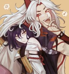  1boy 1girl anger_vein arataki_itto biixeu body_markings bracelet breasts closed_mouth detached_sleeves facial_mark forked_eyebrows furrowed_brow genshin_impact hair_between_eyes horns jewelry kujou_sara medium_breasts musical_note open_mouth parted_bangs purple_hair red_eyes red_horns shirt smile spiked_bracelet spikes spoken_anger_vein spoken_musical_note white_hair white_shirt yellow_background yellow_eyes 
