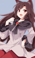  13nonaigdaz 1girl animal_ear_fluff animal_ears blush brooch brown_hair commentary_request fang frilled_sleeves frills highres imaizumi_kagerou jewelry long_hair long_sleeves looking_at_viewer open_mouth red_eyes skin_fang smile solo sweat tail touhou very_long_hair wide_sleeves wolf_ears wolf_girl wolf_tail 