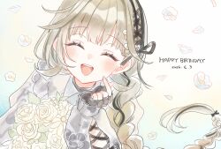  1girl :d ^_^ black_gloves black_hair blush brown_background brown_hair closed_eyes commentary_request dated facing_viewer fingerless_gloves flower gloves gradient_background grey_shirt hanabusa_lisa happy_birthday highres long_hair long_sleeves multicolored_hair petals puffy_long_sleeves puffy_sleeves rino_cnc rose shirt sleeves_past_wrists smile solo streaked_hair upper_body very_long_hair virtual_youtuber vspo! white_background white_flower white_rose 