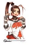  alternate_costume brown_eyes brown_hair dated earrings eyeshadow fingerless_gloves gloves hair_ornament hairclip ibuki jewelry kunai long_hair makeup marker_(medium) omar_dogan open_mouth ponytail signature simple_background solo street_fighter traditional_media weapon 