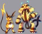  &gt;:) claws clothed_pokemon creature electivire electricity evil_smile eyelashes full_body glowing goggles grey_background looking_away no_humans orange_skin pmd-explorers pokemon pokemon_(creature) purplekecleon raichu simple_background smile standing yellow_skin 