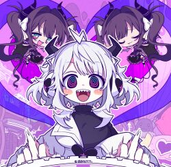  +_+ 2girls @_@ ahoge baban777v black_dress black_eyes black_sweater blush_stickers bow breasts chibi chibi_inset closed_eyes closed_mouth computer_keyboard demon_girl demon_horns demon_tail dress fang hair_intakes headphones heart horned_headphones horns jacket jacket_partially_removed large_breasts lightning_ahoge long_hair motion_lines multiple_girls open_mouth purple_hair q-chan_(yunyun_denpa_syndrome) sharp_teeth short_hair smile solo_focus straight-on sweater tail teeth turtleneck turtleneck_sweater twintails white_bow white_hair white_jacket yunyun_(yunyun_denpa_syndrome) yunyun_denpa_syndrome 