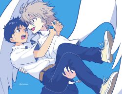  2boys angel_wings arms_around_neck belt belt_buckle black_hair blue_background blue_eyes blue_pants blush brown_belt buckle carrying carrying_person collared_shirt eye_contact grey_hair highres ikari_shinji looking_at_another male_focus multiple_boys nagisa_kaworu neon_genesis_evangelion nervous_sweating nnsizm open_mouth pants princess_carry red_eyes school_uniform shirt shoelaces shoes short_hair simple_background smile sneakers standing sweat sweatdrop tokyo-3_middle_school_uniform triangle_mouth very_short_hair white_shirt white_wings wing_collar wings yellow_shoes 