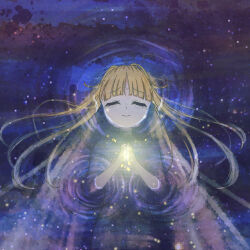  1girl absurdres ahoge blonde_hair cho_kaguya-hime! closed_eyes closed_mouth commentary hair_spread_out highres kaguya_(cho_kaguya-hime!) logo long_hair praying solo thereaakari very_long_hair 