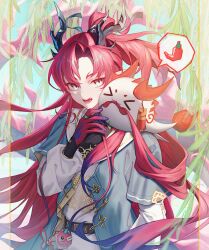  >_< 1boy 1girl absurdres arknights blue_eyes coat colored_extremities commentary_request dragon_bean_(arknights) dragon_boy dragon_horns dragon_tail eastern_dragon_horns eastern_dragon_tail highres horns jewelry long_hair long_sleeves male_focus multicolored_hair nian_(arknights) open_mouth pointy_ears ponytail red_hair red_hands tail teeth tongue upper_body very_long_hair xxhrtk yu_(arknights) 