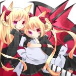  animal_ears apron bat_wings blonde_hair bow chico152 colored_eyelashes fox_ears hair_bow horns hug long_hair looking_at_viewer multiple_girls official_art otome_tensei_grimoire_den pink_eyes striped striped_legwear thigh-highs thighhighs twintails very_long_hair wings 
