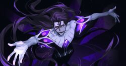  1boy aizen_sousuke aizen_sousuke_(brave_souls_6th_anniversary) black_sclera bleach bleach:_brave_souls colored_sclera commentary_request crystal detached_arm facial_mark from_above gloves highres hogyoku_(bleach) korean_commentary long_hair losloslaus male_focus open_mouth outstretched_arms smile solo third_eye very_long_hair white_gloves 