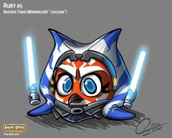  ahsoka_tano angry_birds animalization beak blue_eyes blue_lightsaber copyright_logo crossover energy_sword english_text grey_background grill_draw highres lightsaber logo looking_at_viewer no_humans signature solo star_wars sword weapon 