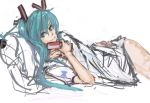  aqua_eyes aqua_hair cellphone commentary grin hair_ornament hatsune_miku long_hair naked_shirt on_side pan!ies phone pillow sketch smile solo twintails vocaloid 