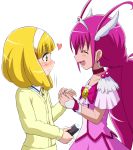  blonde_hair blush cardigan choker commentary_request cure_happy dress earrings hairband hands_together head_wings holding_hands hoshizora_miyuki jewelry kise_yayoi long_hair magical_girl multiple_girls open_mouth pink_hair precure profile short_hair smile smile_precure! solo suzushiro_yukari taser tiara trembling twintails 