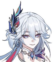  1girl blue_eyes chinese_clothes diamond-shaped_pupils diamond_(shape) earrings grin hair_between_eyes hair_ornament highres honkai:_star_rail honkai_(series) jewelry long_hair looking_at_viewer momo_hubei nail_polish portrait simple_background smile solo symbol-shaped_pupils tassel tassel_earrings violet_eyes white_background white_hair yao_guang_(honkai:_star_rail) yellow_pupils 