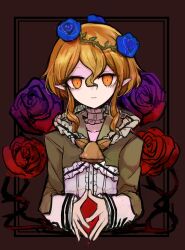  1girl blonde_hair butter_run commentary_request cranberry_(mahoiku) dress elf flower hair_between_eyes hair_flower hair_ornament highres looking_at_viewer magical_girl mahou_shoujo_ikusei_keikaku mahou_shoujo_ikusei_keikaku_unmarked pointy_ears red_flower rose short_hair smile solo 