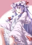  blush crescent dress gurasion_(gurasion) hat highres long_hair open_mouth patchouli_knowledge purple_eyes purple_hair solo striped striped_dress touhou vertical_stripes violet_eyes 