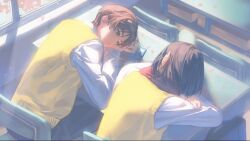  1boy 1girl alternate_universe black_hair black_pants brown_hair classroom collared_shirt commentary crossed_arms desk earphones eren_yeager falling_petals green_eyes head_on_arm looking_at_another mikasa_ackerman mp3_player pants parted_lips petals red_scarf scarf school_desk school_uniform shared_earphones shingeki_no_kyojin shirt short_hair sweater_vest twitter_username upper_body white_shirt yellow_sweater_vest yun_(dl2n5c7kbh8ihcx) 