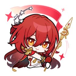  1girl cape chibi chibi_only closed_mouth himeko_(honkai:_star_rail) himeko_(nova)_(honkai:_star_rail) holding holding_polearm holding_weapon honkai:_star_rail honkai_(series) long_hair looking_at_viewer official_art polearm red_cape red_hair smile solo weapon yellow_eyes 