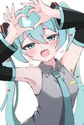  1girl :d armpits arms_up bare_shoulders black_sleeves blue_hair blush collared_shirt commentary detached_sleeves double-parted_bangs fang four-finger_heart_hands green_eyes green_necktie grey_shirt hair_between_eyes hatsune_miku heart heart_hands kaeru_kobou long_hair long_sleeves looking_at_viewer necktie open_mouth shirt simple_background skin_fang sleeveless sleeveless_shirt smile solo twintails upper_body very_long_hair vocaloid white_background 
