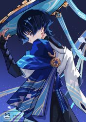  1boy animal_print armor belt bird_print black_belt black_bridal_gauntlets black_hair black_shorts blue_eyes blue_hair blue_hat blue_sleeves blunt_ends bridal_gauntlets bright_pupils cape eyeliner eyeshadow fingernails from_behind furisode genshin_impact glint gold gold_ring gold_trim hand_on_own_hip hand_up hat highres japanese_armor japanese_clothes jingasa kimono kote kurokote looking_at_viewer makeup male_focus middle_ring nece6556 night open_hand purple_cape purple_rope purple_sash red_eyeliner red_eyeshadow redrawn rope sash scaramouche_(genshin_impact) short_sleeves shorts sky solo star_(sky) starry_sky tassel wanderer_(genshin_impact) watermark white_kimono white_pupils white_sleeves 