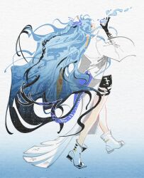  1girl ankle_boots arknights black_gloves black_shorts blue_background blue_hair boots braid closed_eyes coat dragon_girl dragon_horns dragon_tail earrings from_side full_body gloves gradient_background highres horns jewelry lijingjinw ling_(arknights) long_hair long_sleeves multicolored_hair open_clothes pointy_ears profile short_shorts shorts solo tail tassel tassel_earrings very_long_hair walking water white_background white_coat wide_sleeves 