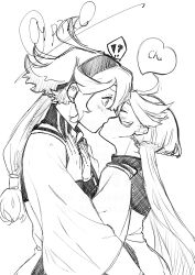  !? 2girls 715piro_gon absurdres asticassia_school_uniform blush closed_eyes commentary greyscale gundam gundam_suisei_no_majo hands_on_another's_chest heart highres kiss long_hair looking_at_another miorine_rembran monochrome multiple_girls ponytail school_uniform signature spoken_interrobang suletta_mercury yuri 