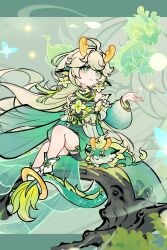  1girl animal_ears braid bug chinese_clothes detached_sleeves dragon_horns dragon_tail dress earrings eastern_dragon_horns eastern_dragon_tail green_eyes green_hair hair_ornament highres horns jewelry long_hair original qilin_(mythology) shuweibi_zijihua sitting solo tail tassel tassel_earrings 