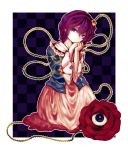  checkered checkered_background clariate flower hairband heart komeiji_satori long_sleeves purple_eyes purple_hair red_rose rose shirt short_hair skirt solo third_eye touhou vines violet_eyes wide_sleeves 