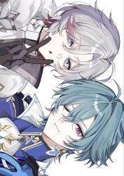  2boys ahoge armor belt belt_collar black_belt black_gloves blue_eyes blue_gloves blue_shirt choker coat collar collared_shirt commentary crossed_bangs double-parted_bangs earrings fur-trimmed_coat fur-trimmed_sleeves fur_trim genshin_impact gloves green_hair grey_hair hair_between_eyes hair_intakes highres hoooooon1099 illuga_(genshin_impact) jewelry lohen_(genshin_impact) long_sleeves looking_at_viewer male_focus mole mole_under_eye multicolored_eyes multicolored_gloves multicolored_hair multiple_boys one_eye_closed open_clothes open_coat parted_lips red_hair shirt short_hair shoulder_armor single_earring smile streaked_hair sweater turtleneck turtleneck_sweater two-tone_gloves two-tone_hair untranslatable_commentary v white_background 