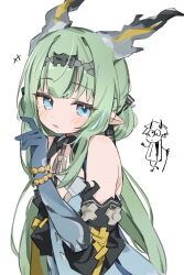  1girl absurdres ardashir_(arknights) arknights arknights:_endfield bare_shoulders blue_dress blue_eyes blue_hands chibi chibi_inset colored_extremities colored_skin dragon_girl dragon_horns dress eastern_dragon_horns green_hair highres horns long_hair looking_at_viewer pointy_ears si_(arknights) simple_background sleeveless sleeveless_dress solo tntl_nemui white_background 