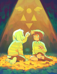  1boy 1other androgynous asriel_dreemurr boots brown_hair chara_(undertale) child commentary english_commentary flower flowey_(undertale) funtergeist furry furry_male hair_flower hair_ornament highres kneeling pants red_eyes shorts sitting smile spotlight sweater undertale utdr_(toby_fox) 