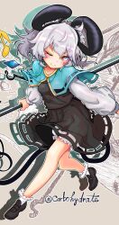 1girl animal_ear_fluff animal_ears artist_name black_shoes black_skirt black_vest bloomers blue_capelet blush breasts capelet carbohydrate_(asta4282) closed_mouth commentary_request dowsing_rod full_body grey_hair highres jewelry loafers long_sleeves looking_at_viewer mouse_ears mouse_girl mouse_tail musical_note nazrin necklace one_eye_closed pendant red_eyes shoes skirt small_breasts smile socks solo tail touhou twitter_username vest white_background white_bloomers white_socks 