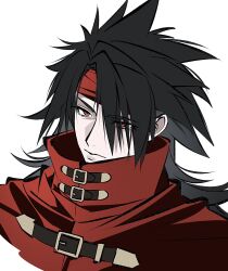  1boy belt belt_buckle black_belt black_hair buckle cape chest_belt closed_mouth cropped_shoulders final_fantasy final_fantasy_vii headband highres kiliko-san long_hair looking_at_viewer male_focus portrait red_cape red_eyes red_headband simple_background solo spiky_hair vincent_valentine white_background 