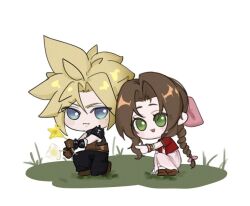  1boy 1girl aerith_gainsborough armor bangle belt black_pants blonde_hair blue_eyes boots bracelet braid braided_ponytail brown_belt brown_boots brown_gloves brown_hair chibi chibi_only closed_mouth cloud_strife commentary_request dd_1_0 dress final_fantasy final_fantasy_vii final_fantasy_vii_remake flower gloves grass green_eyes hair_between_eyes hair_ribbon holding holding_flower jacket jewelry korean_commentary long_hair open_mouth pants parted_bangs pauldrons pink_dress pink_ribbon red_jacket ribbon shoulder_armor sidelocks single_braid single_pauldron smile spiky_hair squatting white_background white_flower yellow_flower 