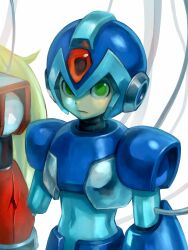 2boys amputee android armor battle_damage blue_armor blue_helmet cable closed_mouth commentary cowboy_shot detached_arm empty_eyes expressionless forehead_jewel green_eyes helmet highres male_focus maro_maronomaro mega_man_(series) mega_man_x_(series) multiple_boys solo_focus white_background x_(mega_man) zero_(mega_man) 
